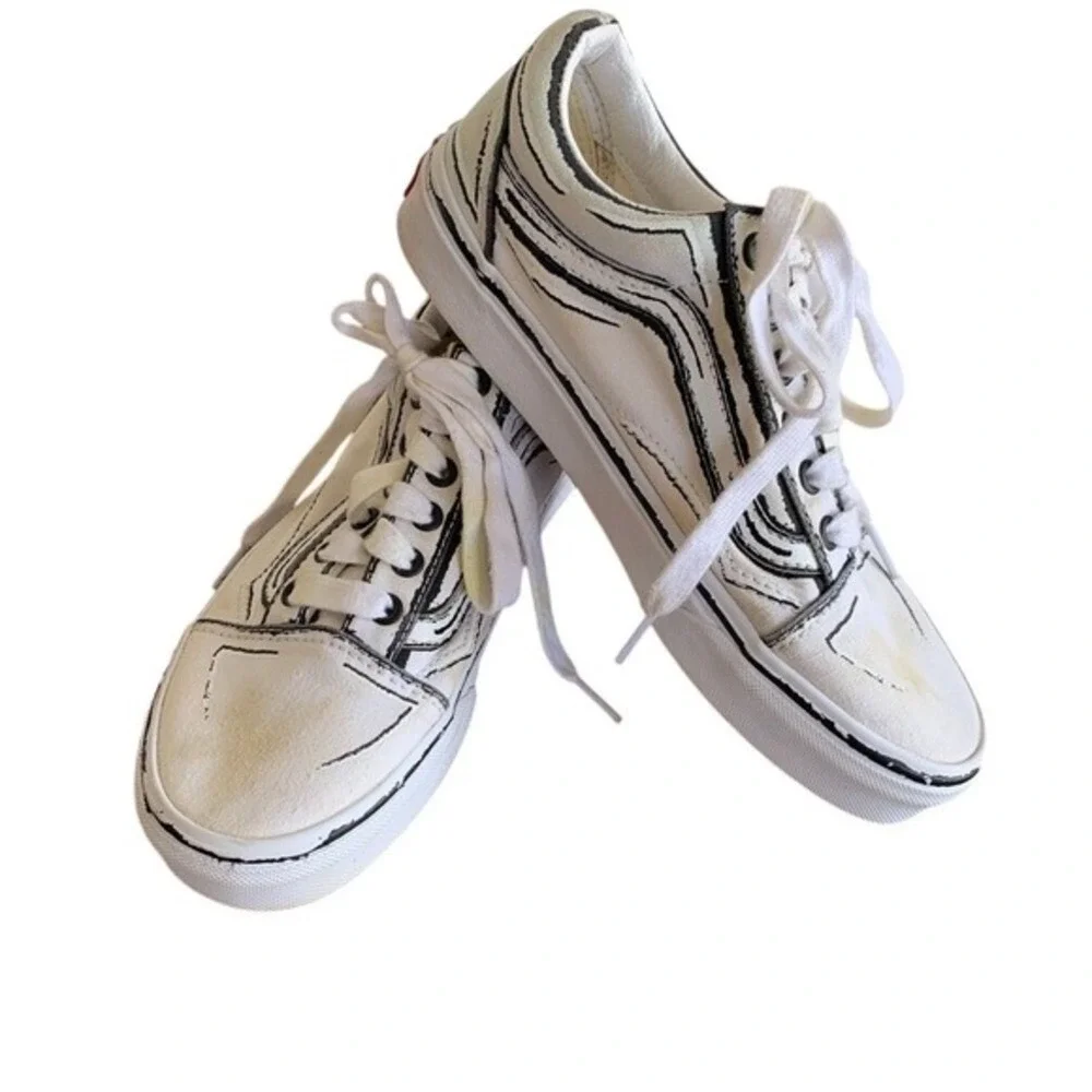 Vans Old Skool White Canvas Sneakers with Hand-Drawn Black Lines Artistic Design